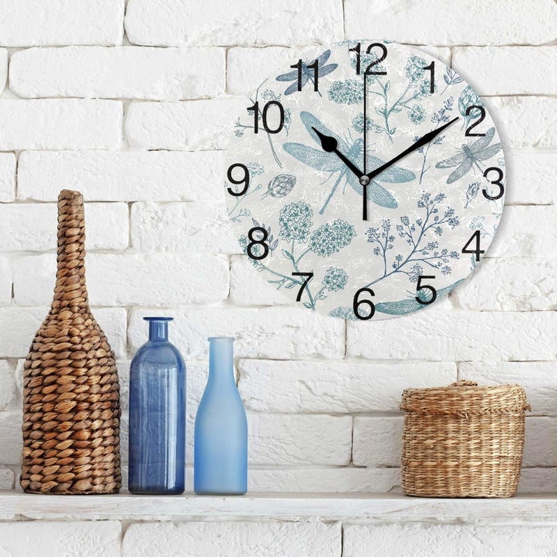 senya Blue Dragonfly Round Wall Clock, Silent Non Ticking Oil Painting Decorative for Home Office School Clock Art - Image 3